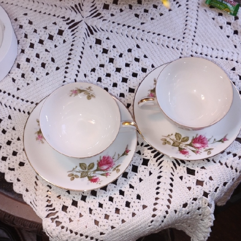 Floral Teacup and Saucer Set with Gold Trim
